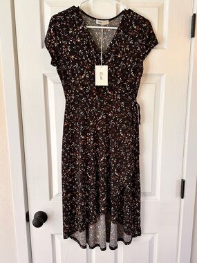 Rielle Black and BrownFloral High-Low Wrap Dress